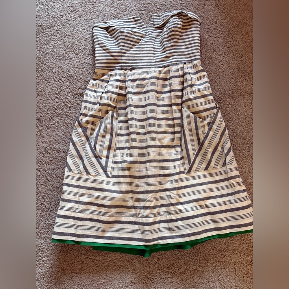 Maeve Navy and White Striped Strapless Dress with Green Hem